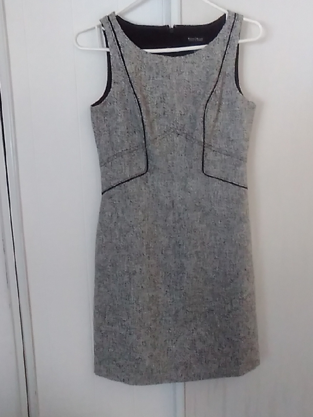 White House Black Market Gray Tweed Mini Sheath Dress with Black Piping